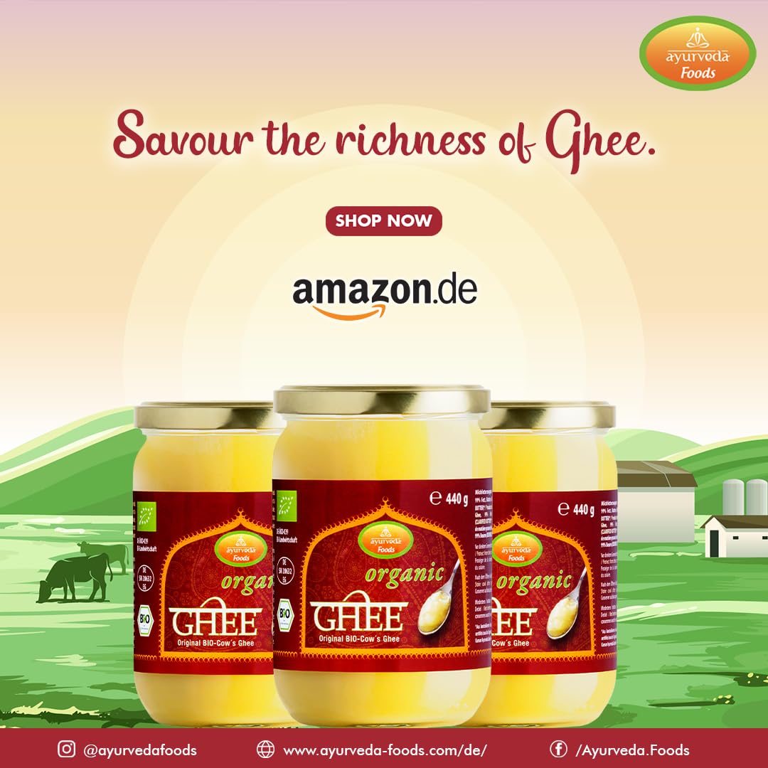 Ayurveda Foods - Organic Premium Bio Ghee 440g (3er Set), sehr lange Haltbarkeit, Bio-Siegel, Brat- Kochfett