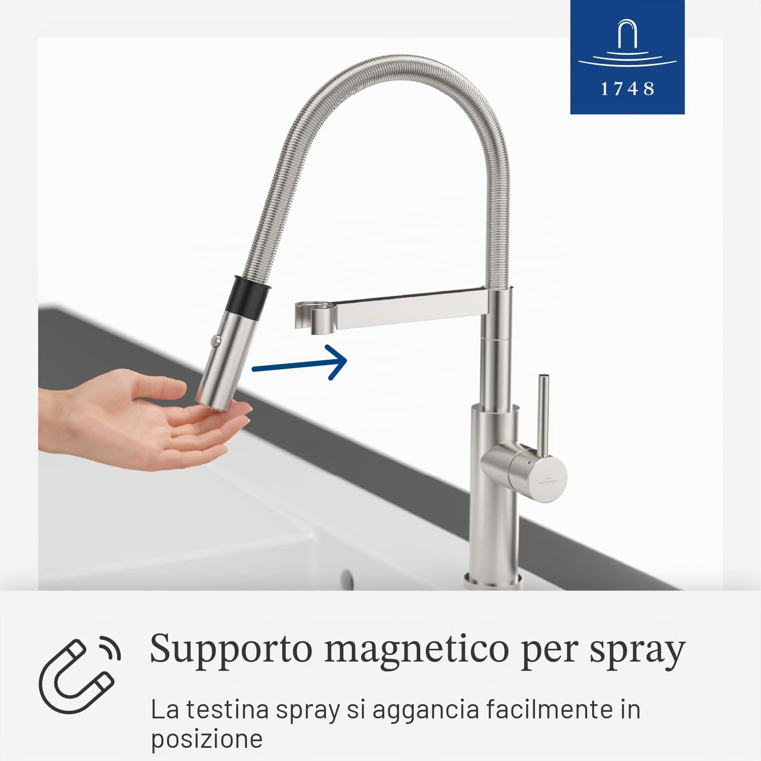 Villeroy & Boch Steel Expert 2.0 miscelatore cucina, 170 mm – Acciaio Inox | Funzione di commutazione, bocca girevole a 360° con molla a spirale, getto laminare, alta pressione, 928000LC