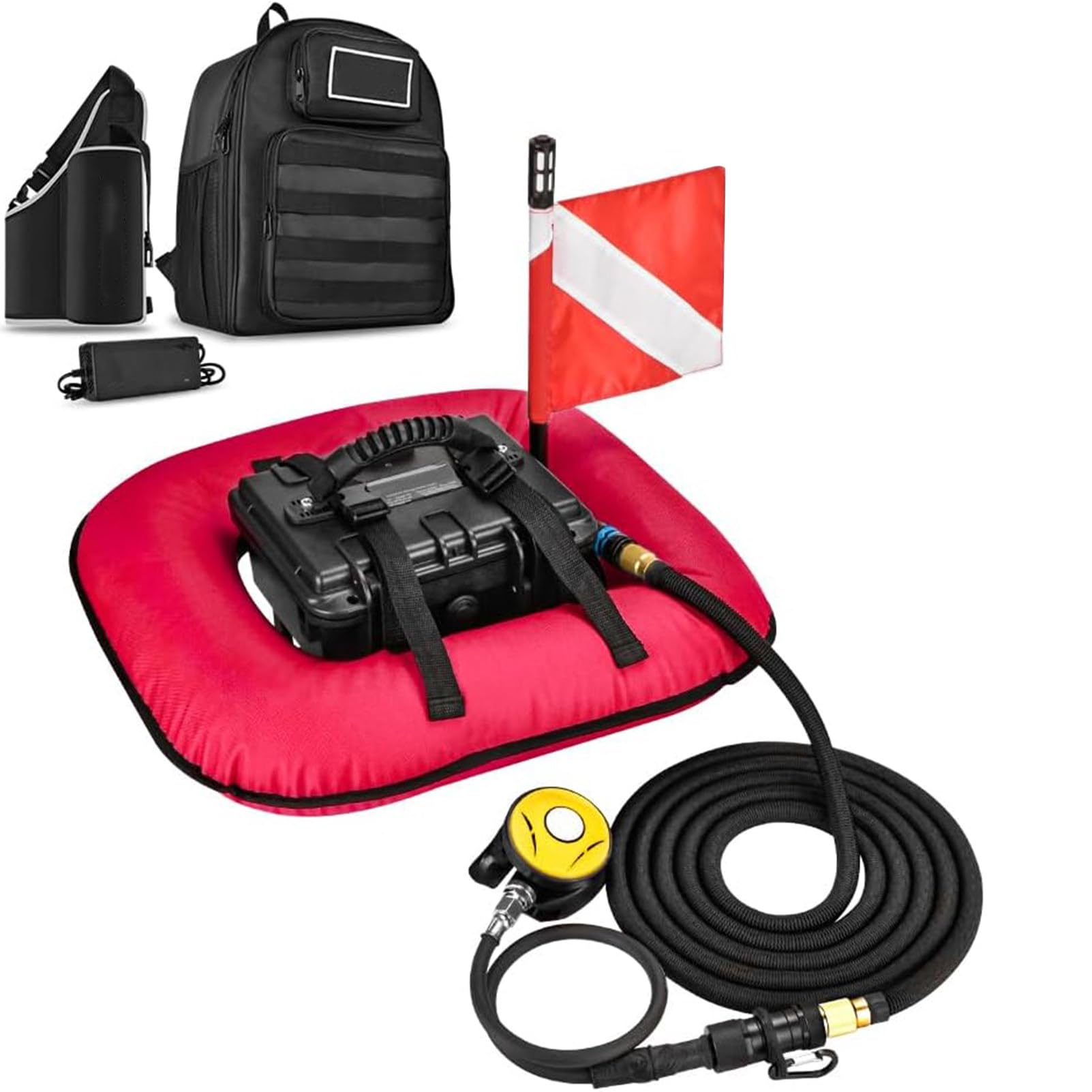 NzEupno Battery Scuba Diving Ventilator, Rechargeable Power Dive System, Tankless Dive System with Breathing Hose & Regulator for Recreational Diving Red-1Battery