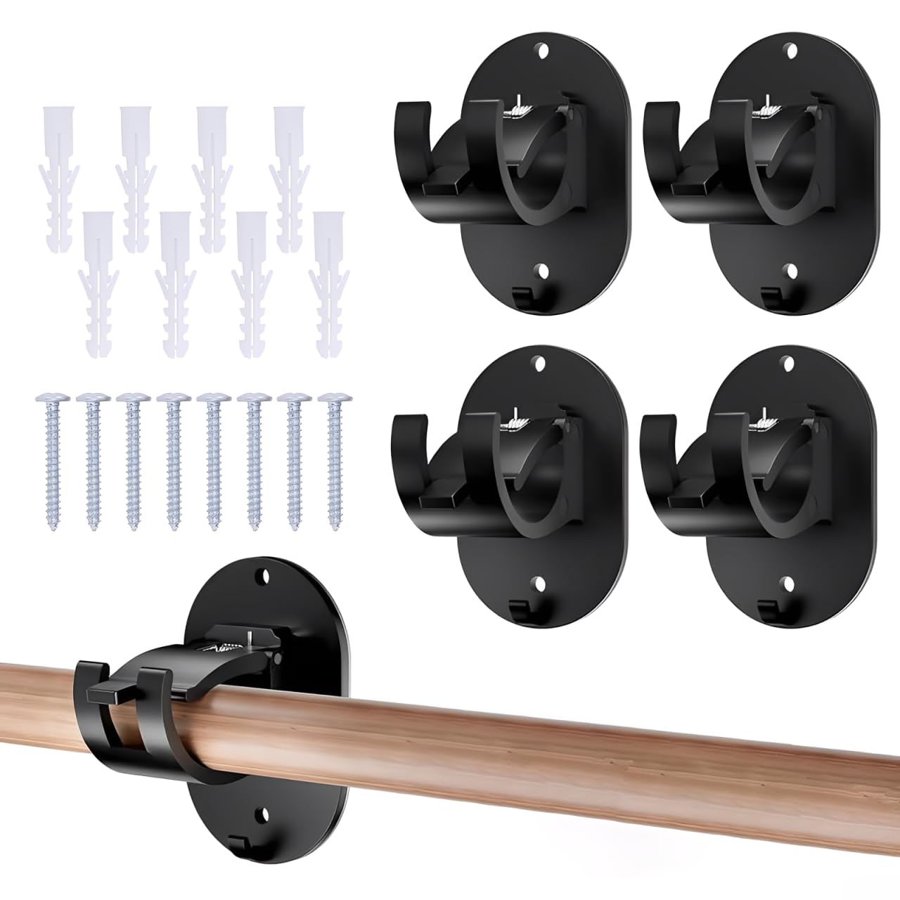 Koprek Black 4 Pcs Self Adhesive Curtain Rod Bracket, No Drill Curtain Pole Brackets, Adjustable Adhesive Curtain Rod Holder, No Drilling Curtain Adhesive Hooks With Screw, Used For Kitchen Home Bathroom(Black)