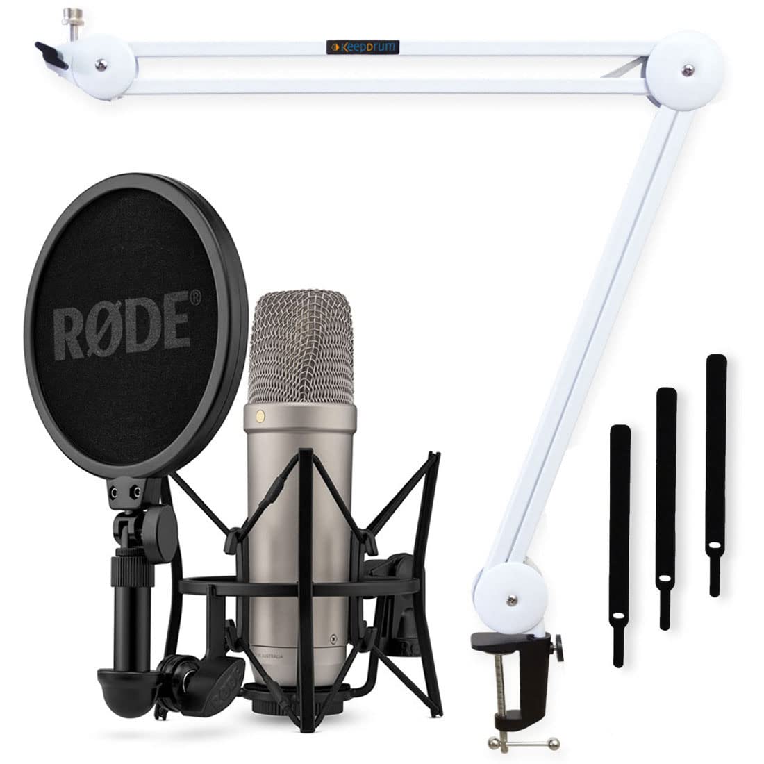 Rode NT1 5th Generation XLR - Micrófono de estudio (USB, con brazo articulado MS138 WH, incluye trípode de mesa), color plateado