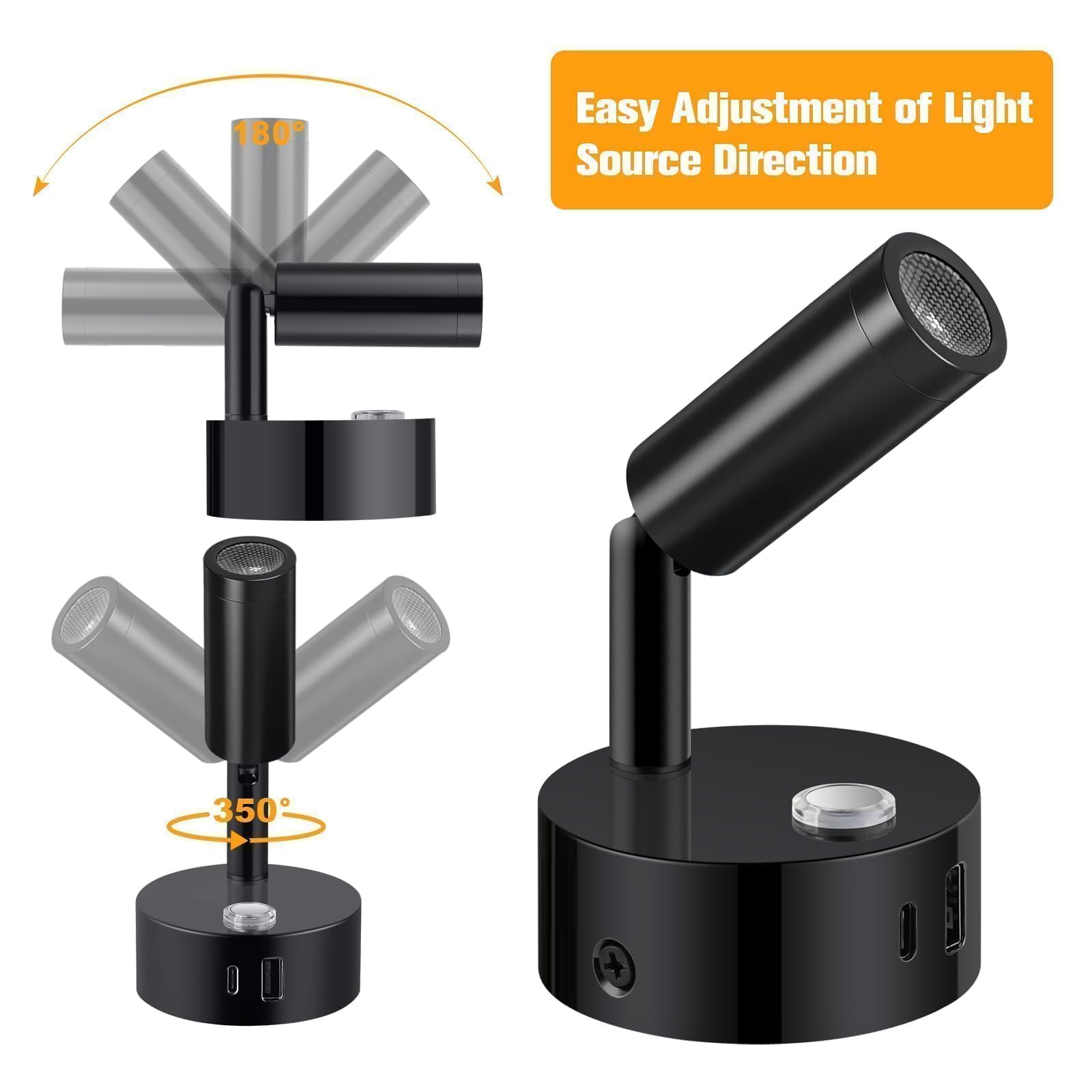ERWEY Lampe de lecture 12V pour camping-car, applique murale LED avec interrupteur Touch Dimmable 3000K-6000K,DC 12V-24V Spot avec prises USB A+C pour bateau voiture camper van,Noir