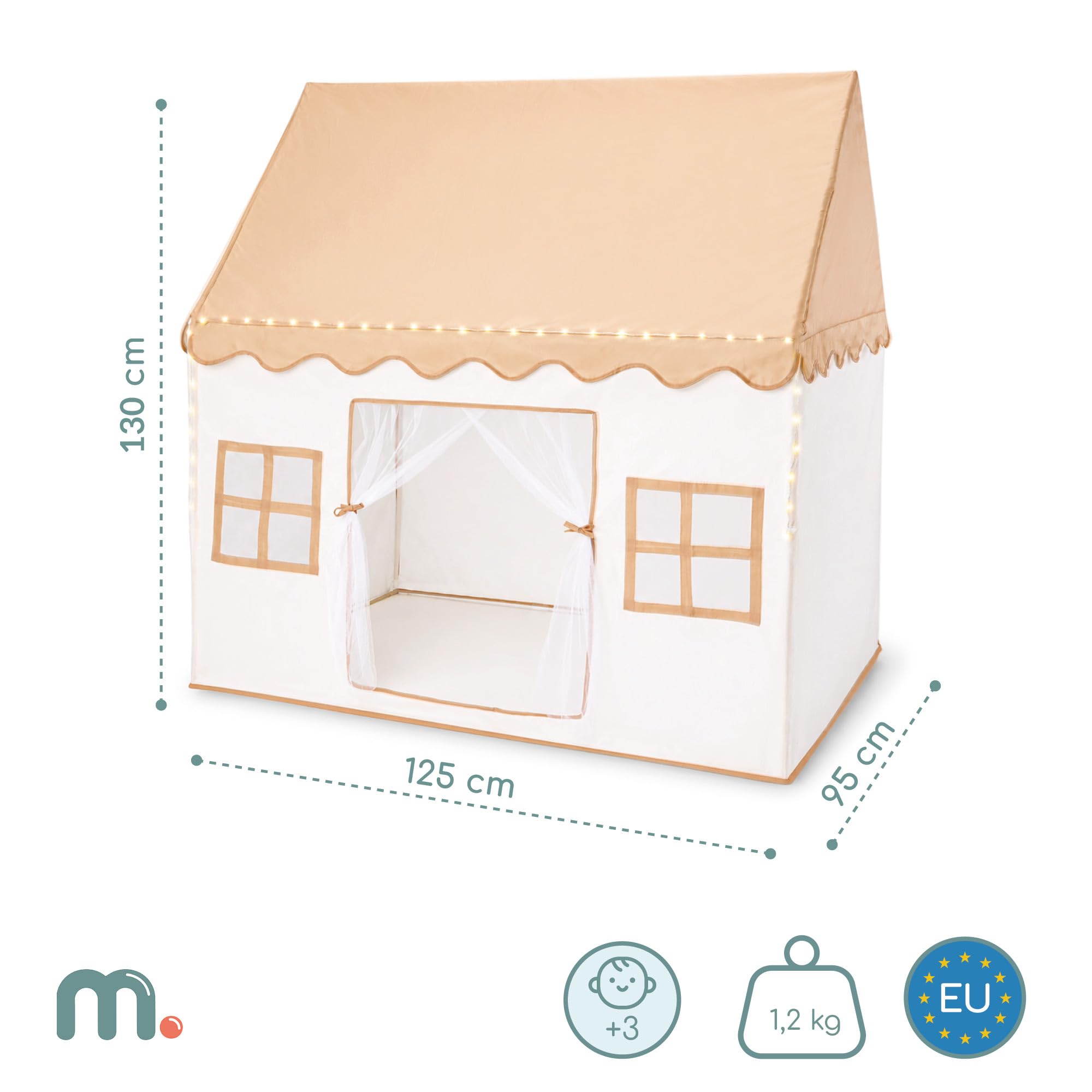mamabrum XXL Spielhaus Zelt für Kinder aus Polyester mit LED Beleuchtung und Fenstern, Skandinavischer Stil, Indoor und Outdoor, Beige, 95 × 125 × 130 cm