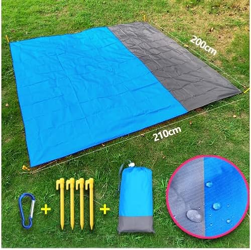 BETECK Alfombras de Playa, 210x200CM Manta de Picnic Impermeable con 4 Estaca Fijo para Jardín Parque Piscina Acampada Viaje al Aire Libre (Azul)