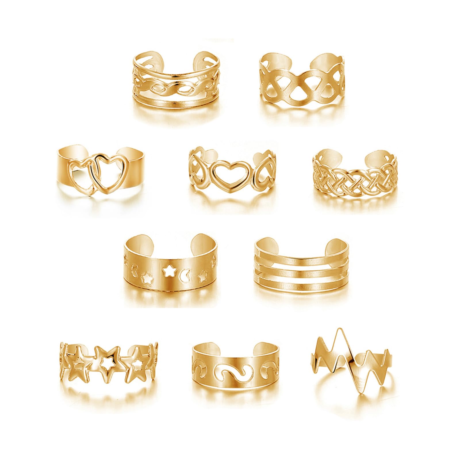 12PCS Toe Rings for Women 14K Gold/Silver Plated Adjustable Toe Ring Set Open Heart Arrow Infinity Rings Beach Foot Jewelry for Summer