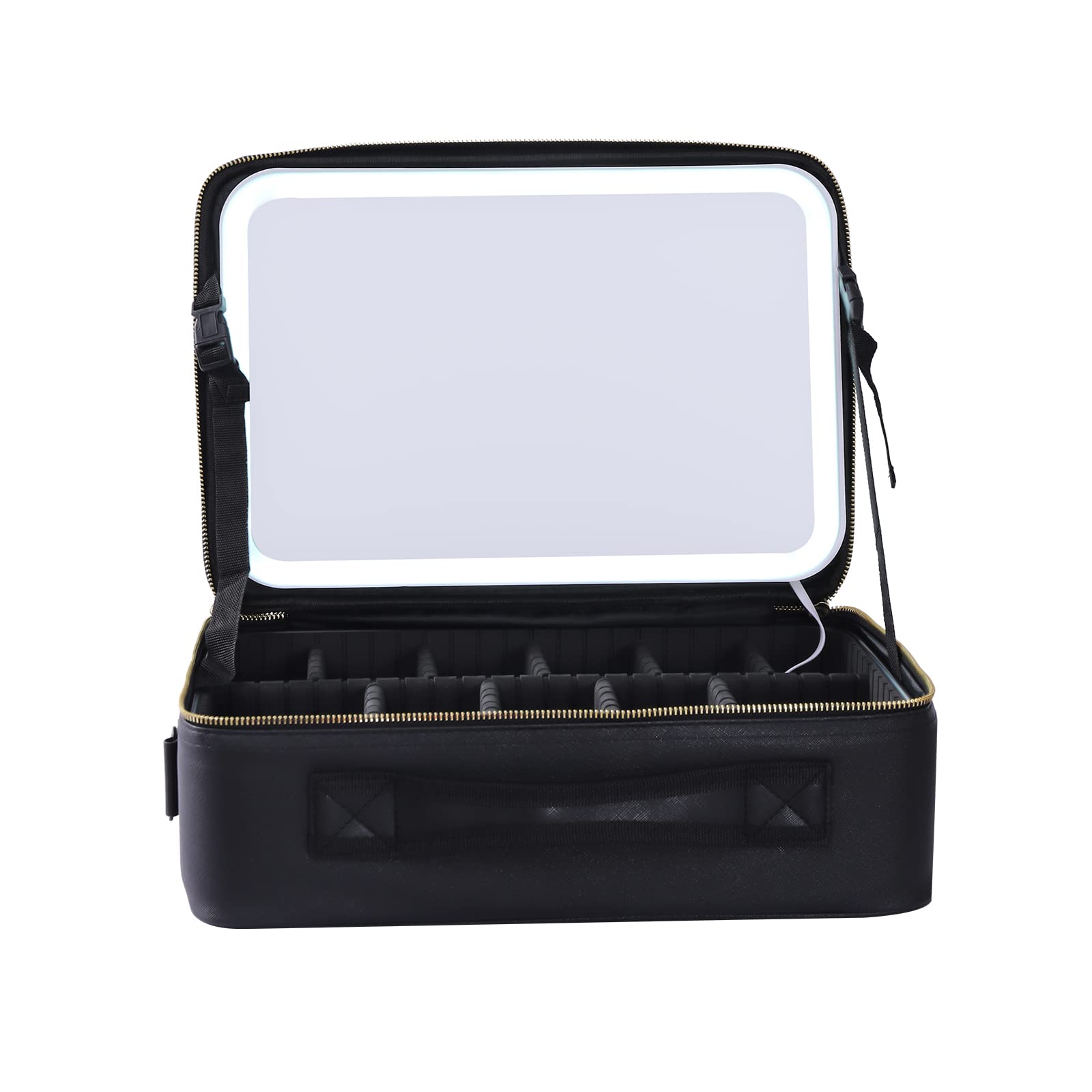 Reise-Makeup-Tasche,Kosmetiktasche Make up Organizer Tasche,3 Farbe Modi einstellbare Helligkeit, wasserdicht PU Leder Makeup Reisekoffer Makeup Zug Tasche,mit Spiegel Tragbar,Schwarz