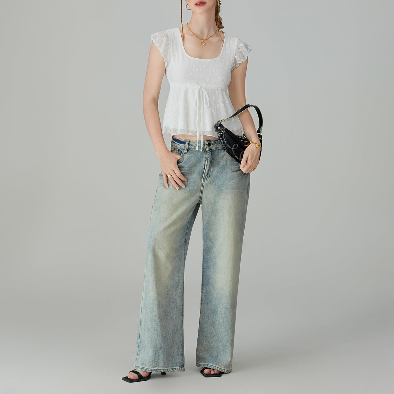 FOMOYUU Top da donna Y2k con scollo quadrato in pizzo e maniche volanti con volant Babydoll camicetta estiva orlo svasato per uscire canotta corta