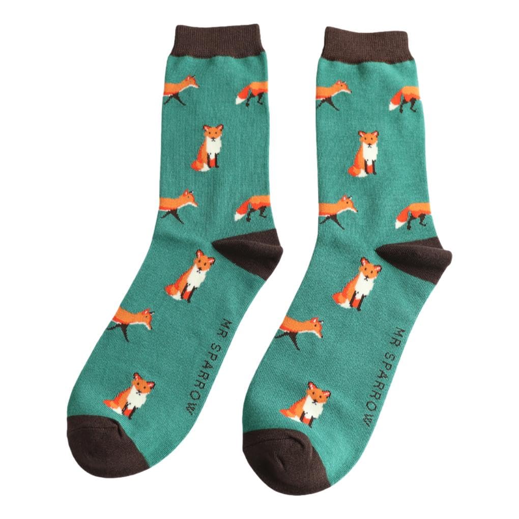 Miss Sparrow Foxes Green Mens Novelty Ankle Socks Adult One Size