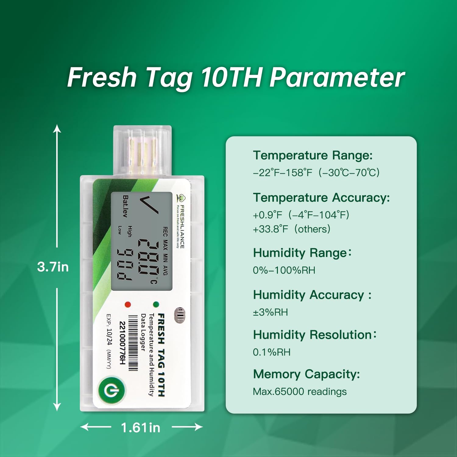 Freshliance Registrador de datos de humedad y temperatura LCD, grabadora de humedad de temperatura USB de un solo uso con informe PDF o CSV, 65000 lecturas de -30.0 °C ~ 70.0 °C de alta precisión, 30