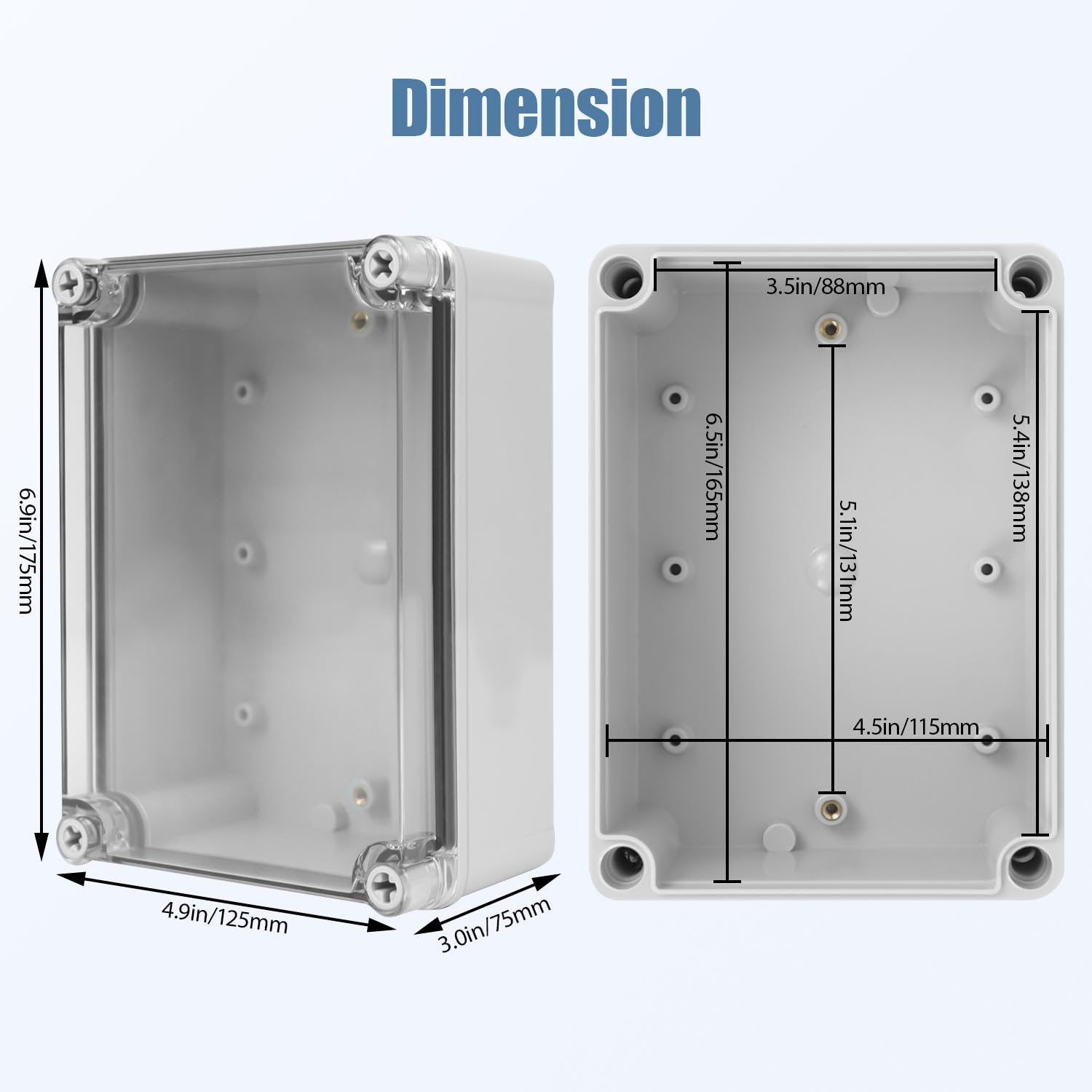 LeMotech Junction Box IP67 Waterproof Dustproof Electrical Box Project Box DIY Enclosure Gray with Transparent Clear Cover, External Size 6.9x4.9x3.0in (175x125x75mm)