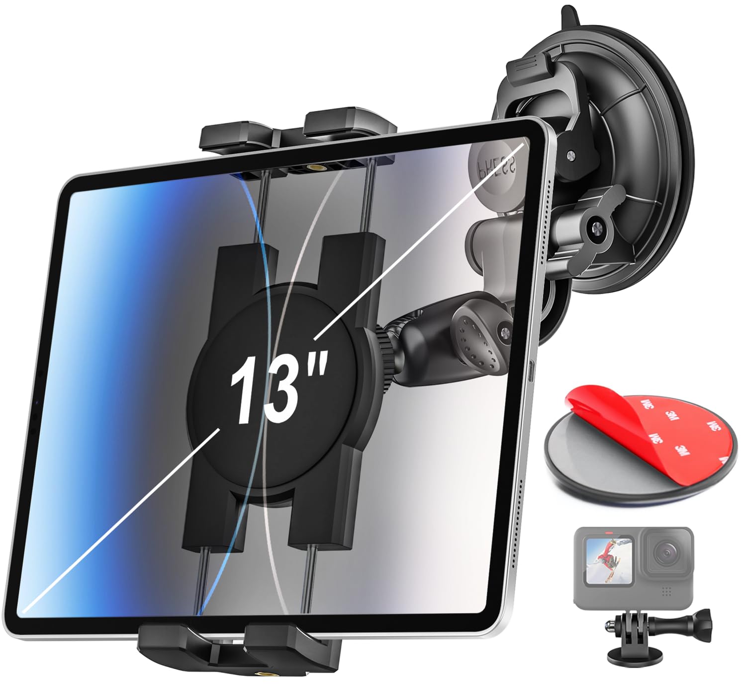 woleyi Windshield Car Tablet Mount - [95mm Glass Suction Cup] Window Dashboard Tablet Holder for Car with 1/4'' Screw Thread & Sticky Pads, for iPad Pro Air Mini, Galaxy, Camera, Gopro, 4-13