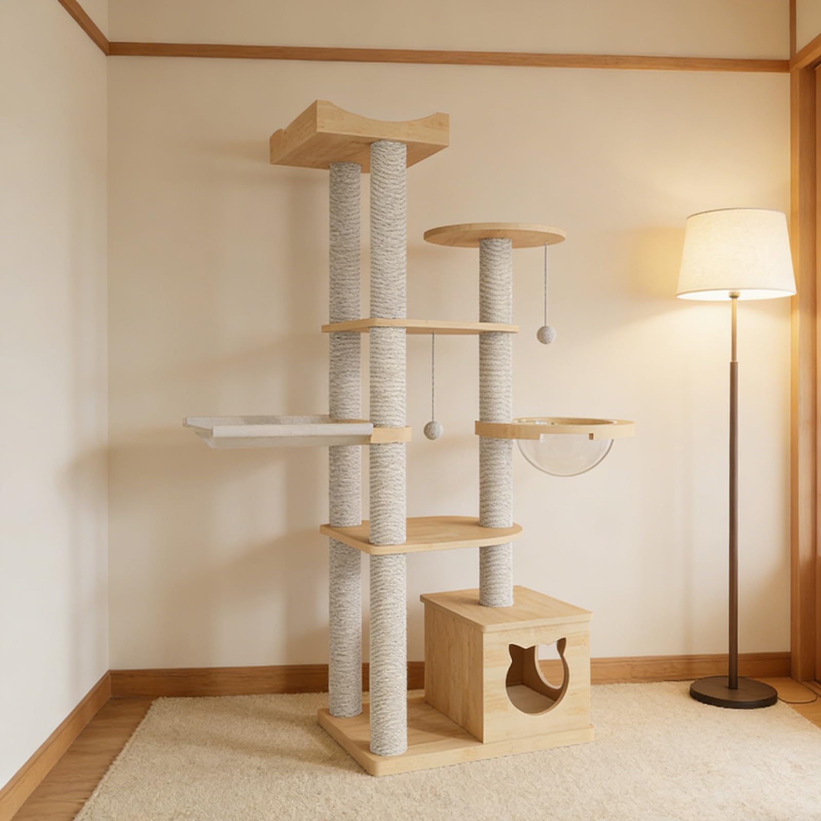 Albero Tiragraffi A Torre, Centro Attività Minimalista per Gatti con Palline Sospese E Capsula Spaziale, Mobile Salvaspazio per Gatti Ideale per Piccoli Appartamenti