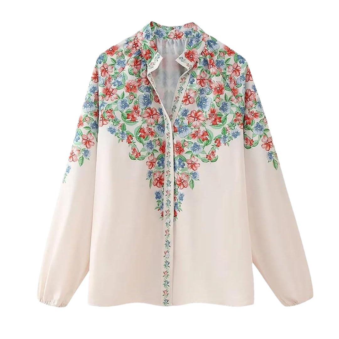 Camicia da donna primaverile in stile francese mezza aperta a maniche lunghe con stampa posizionata