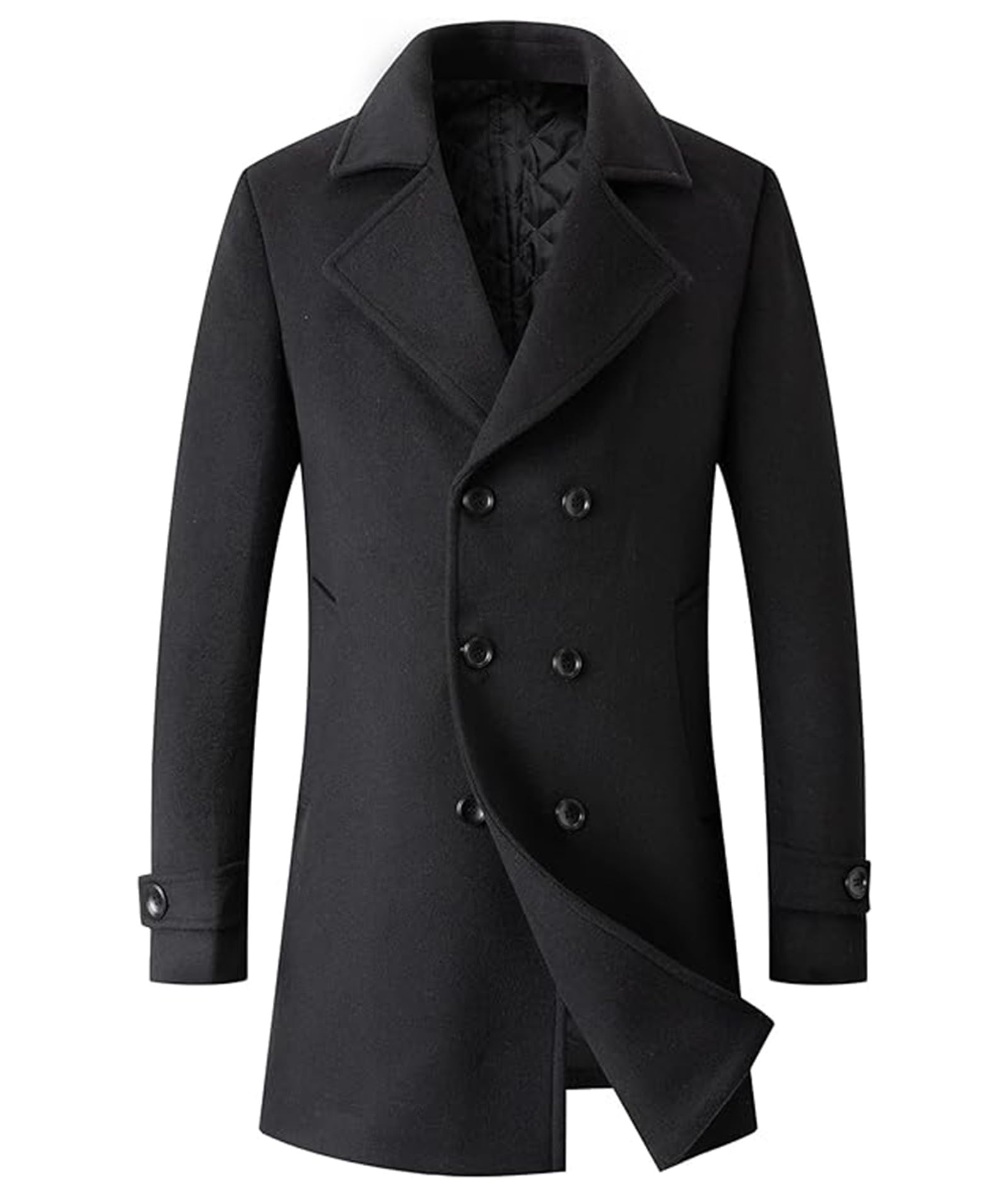 Men's Black Pea Coat Long Sleeve Notched Lapel Regular Fit Business Double Breasted Winter Overcoat Jacket