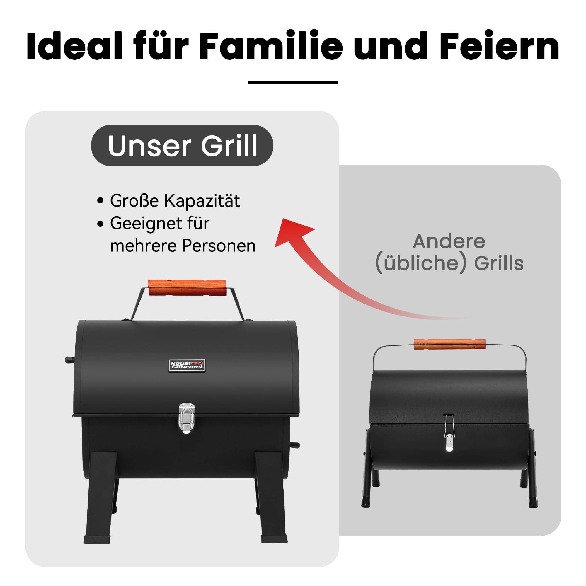 Royal Gourmet Tragbarer Holzkohlegrill mit Grillfläche 44x31,8cm Campinggrill für Garten Picknick, XL Kohle Tischgrill, Klappgrill mit Schnappverschluss und Holzgriff Schwarz
