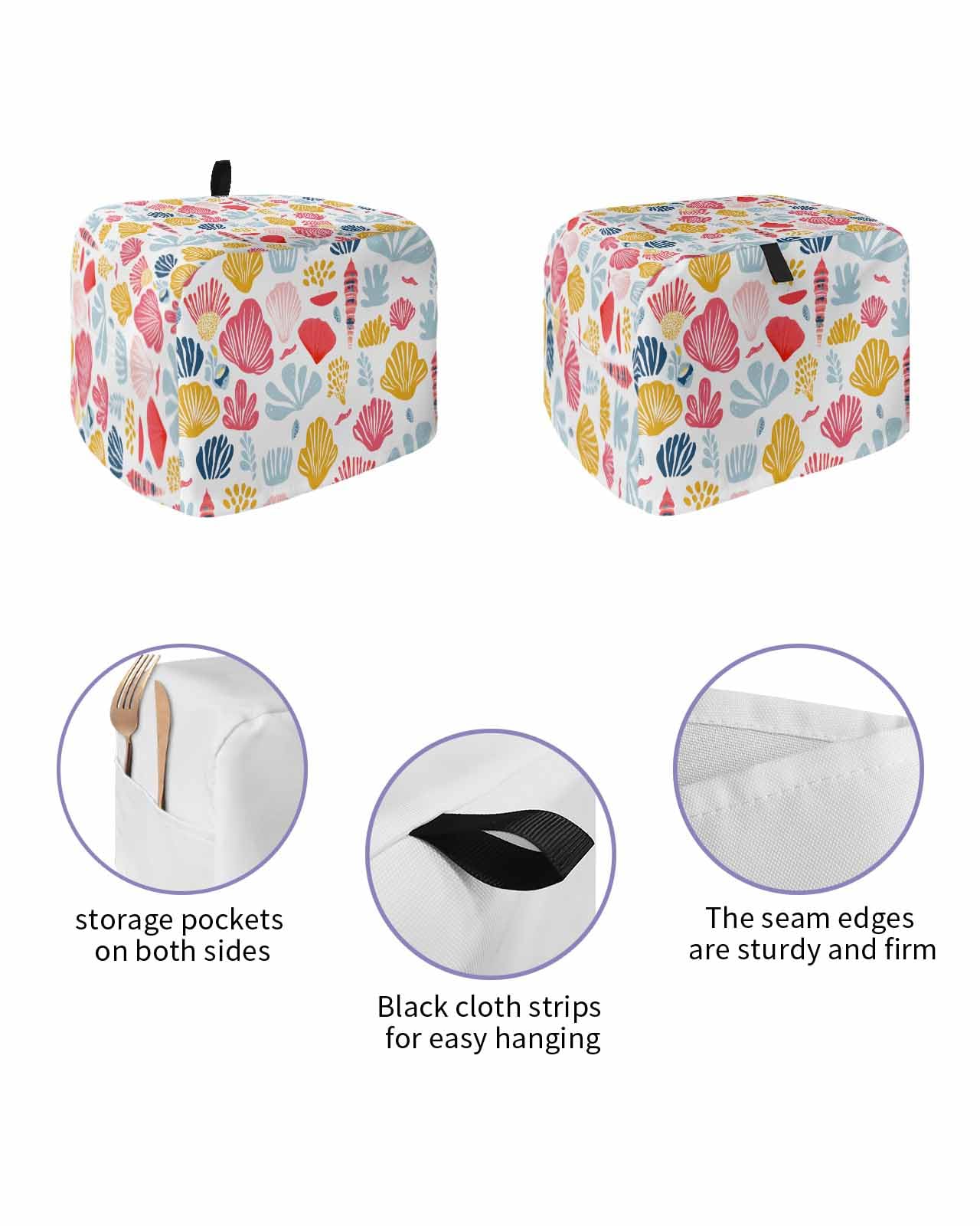 Colorful Coastal Shells Toaster Cover 2 Slice, Watercolor Summer Ocean Life Dustproof Bread Machine Oven Cover with Storage Pockets, Fits Most Kitchen Toasters Protector