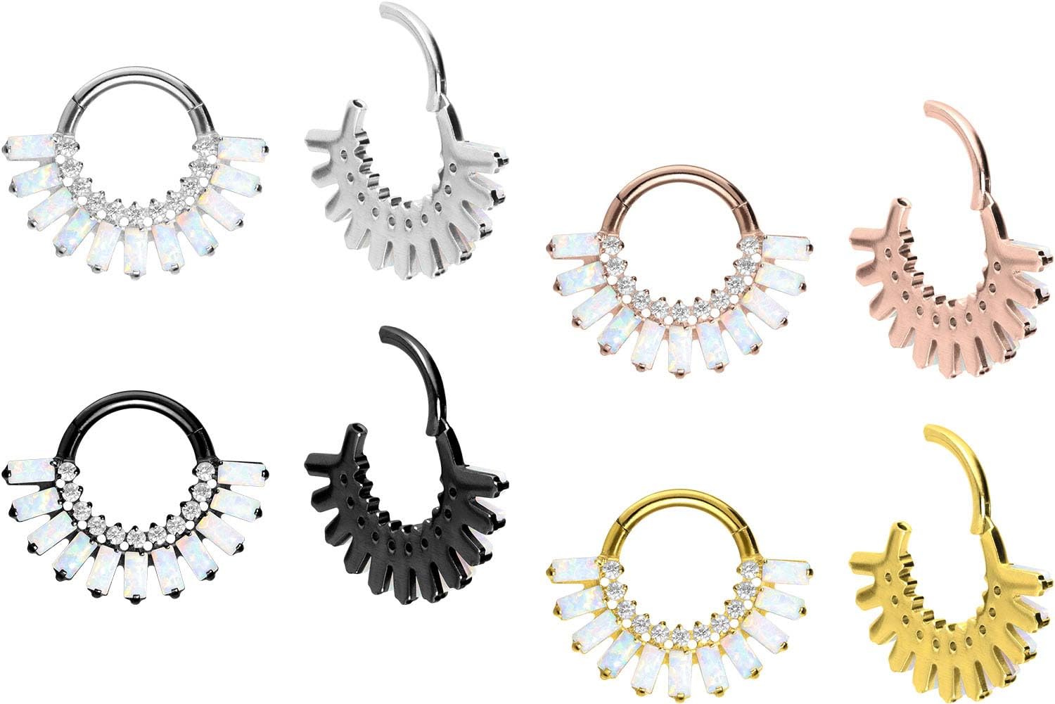 PIERCINGLINE Anillo segmento de titanio Clicker con cristales engarzados y ópalos sintéticos – Piercing para nariz, tabique, oreja, hélice o tragus en 4 colores, Titanio