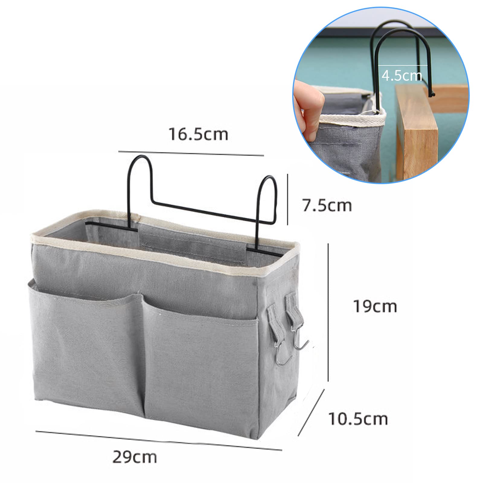 2 Piezas Organizador de Cabecera, Bolsillos para Cama con Gancho para Hogar, Oficina, Escuela, Litera, Cuna - Bolsa de Almacenamiento (Gris)