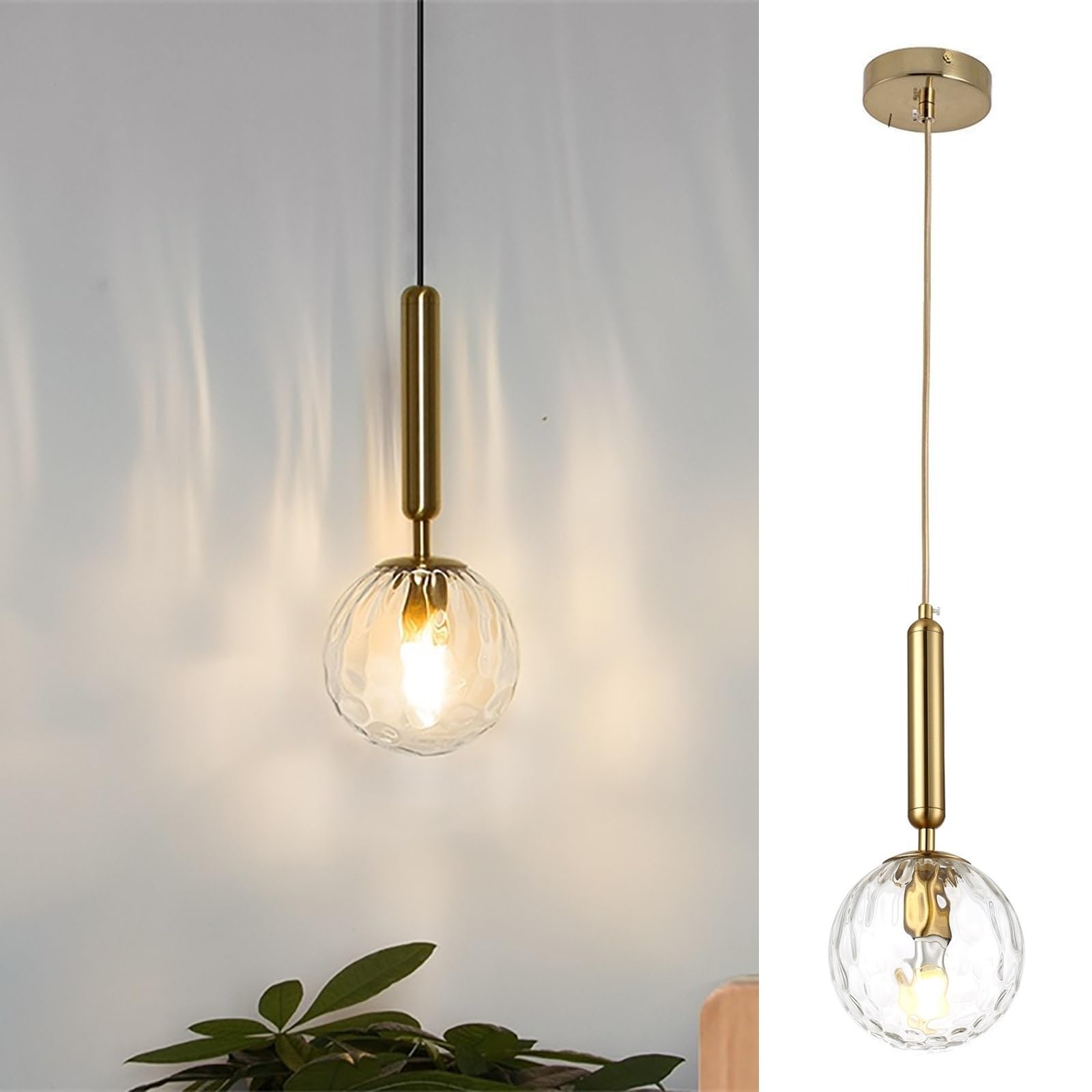 Modern Globe Kitchen Island Pendant Lighting, Ceiling Lamp, White Frosted Glass Globe Shade / Glass Lampshade in Water Ripple, Industrial Vintage Spherical Ceiling Hanging Lamp ( Color : B-gold , Size