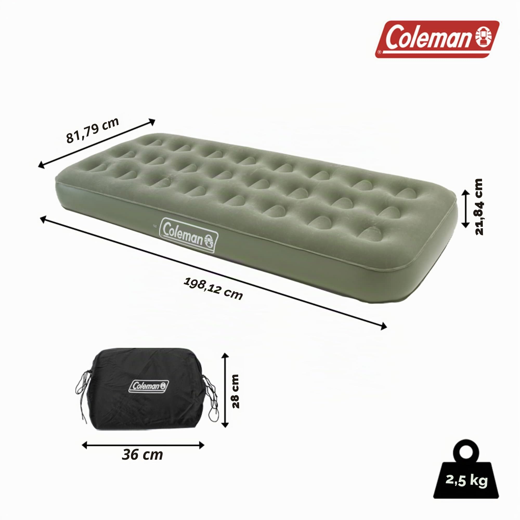 Coleman Luftbett Comfort Bed Single, Indoor/Outdoor Luftmatratze 1 Person, Velours Gästebett, Komfort Einzelbett, Campingbett für Wandern, Trekking, Festivals, 188 x 85 x 22 cm, max. 148 kg