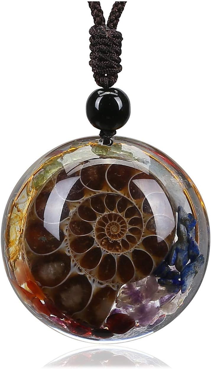 7 Chakra Healing Crystal Stone Necklace Ammonite Fossil Natural Round Gemstone Spiral Protection Amulet Pendant Necklace for Women Men Jewellery