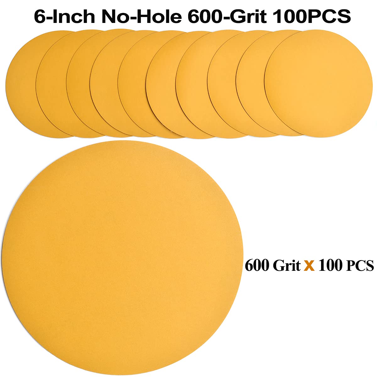 6-Inch No-Hole Hook and Loop Sanding Discs 600-Grit, Random Orbital Sandpaper for Automotive and Woodworking, 100-Pack