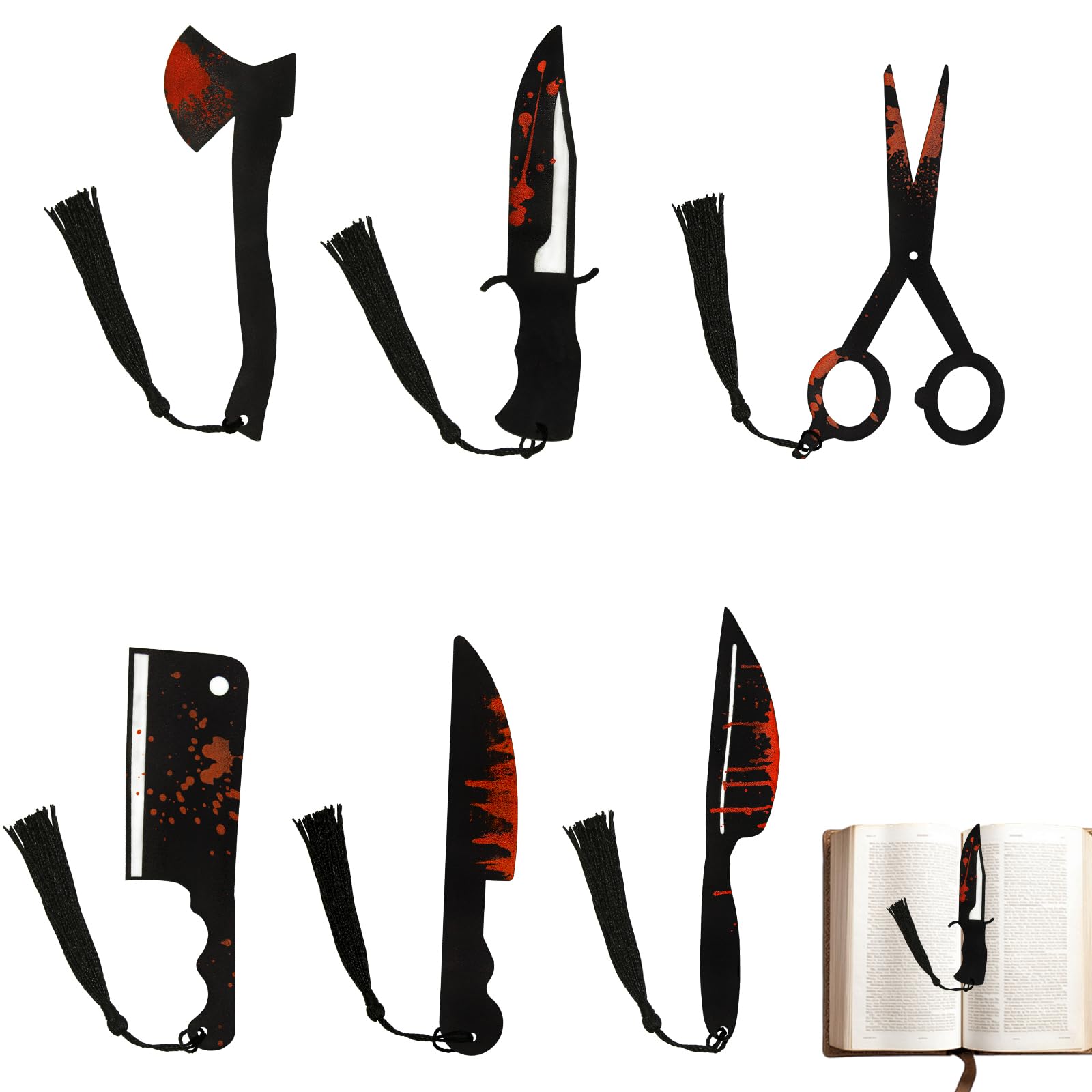 6Pcs Horror Novelty Bookmark Set, Fake Knife Shapes with Blood Stain Gothic Book Accessories Dark Romance Acrylic Page Holders with Black Tassels Halloween Craft