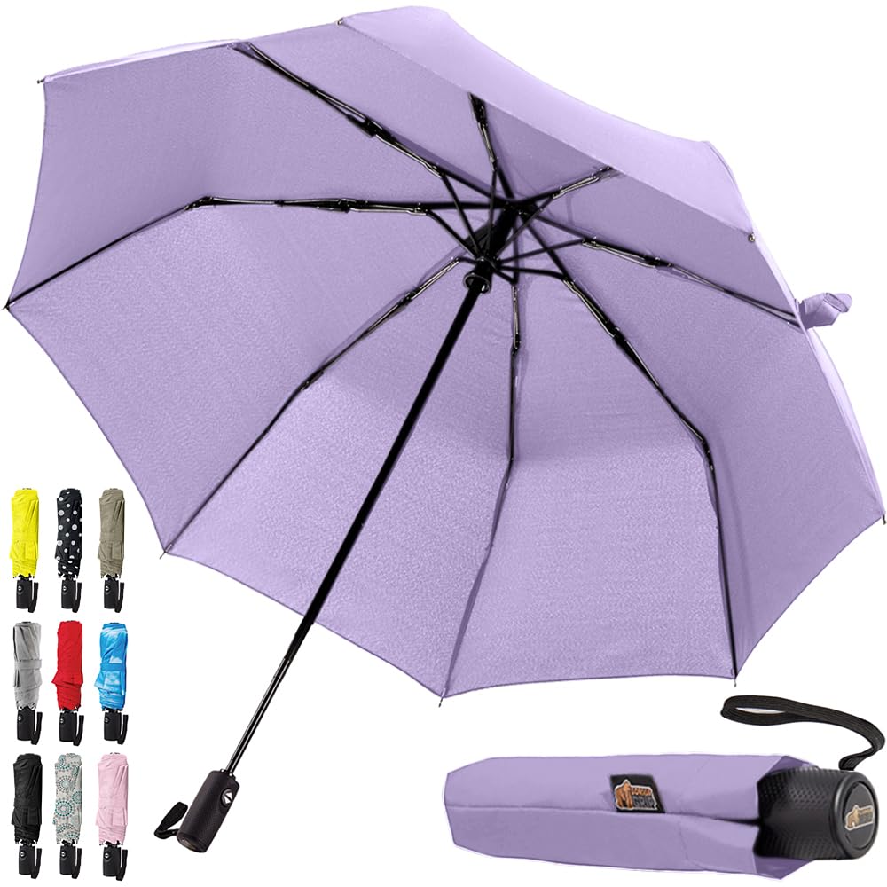 GORILLA GRIP Strong Windproof Stick Compact Umbrella for Rain, One-Click Automatic Open and Close, Durable Quick Dry Waterproof Material, Lightweight and Portable, Travel Size Fits Backpack, Purple