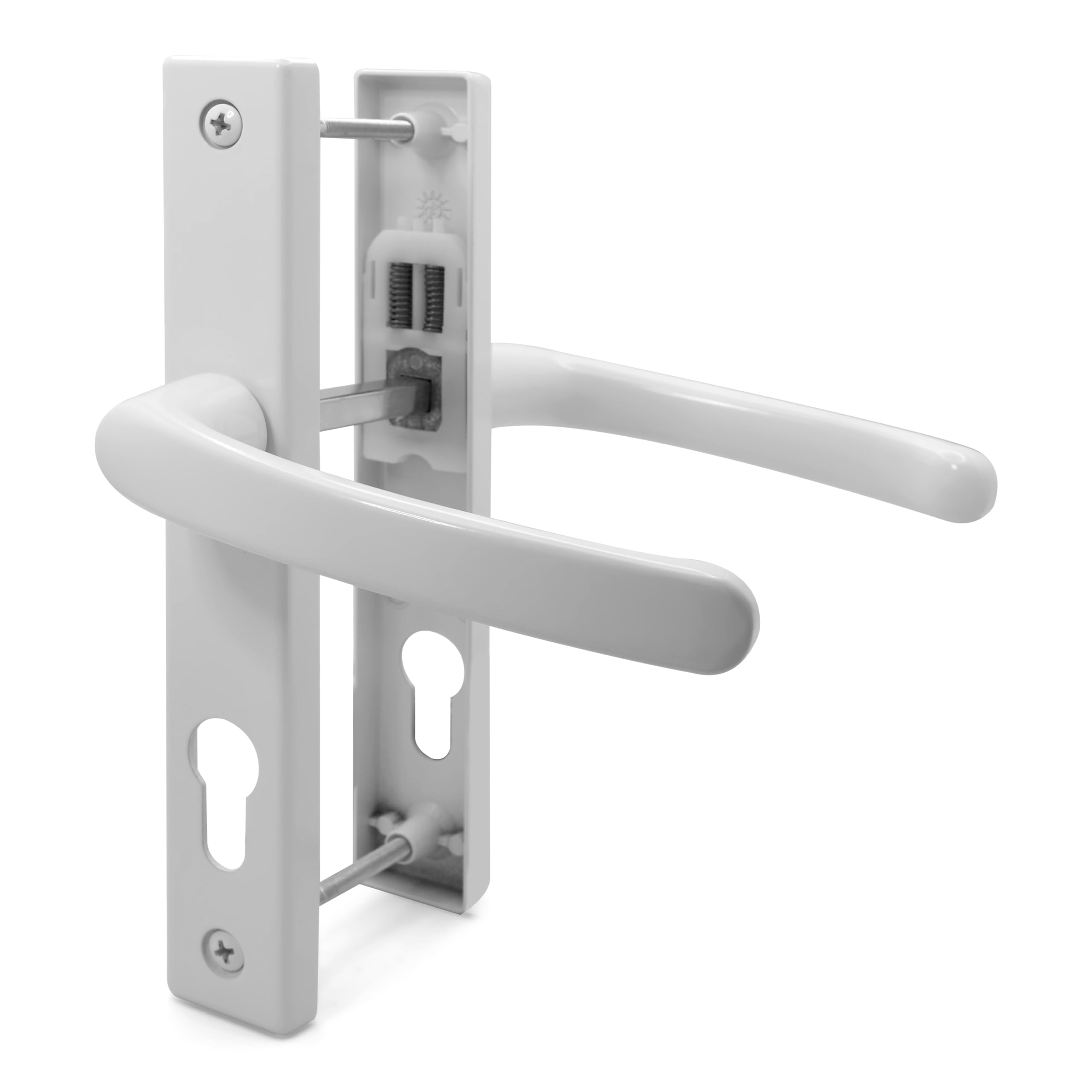 TSS UPVC Door Handle Set, 72mm PZ (Centres), Lever/Lever, Screw to Screw 180mm with Backplate 210mm x 32mm - Replacement PVC Door Handle (White)