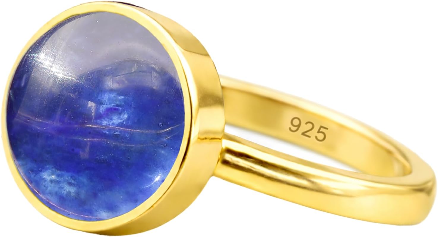 925 Sterling Silver Natural Round Gemstone Ring for Women | 24K Gold Vermeil Bezel Set Crystal Jewelry | Handmade Minimalist Statement Ring | Chakra Inspired Gift for Wife Mother Girlfriend