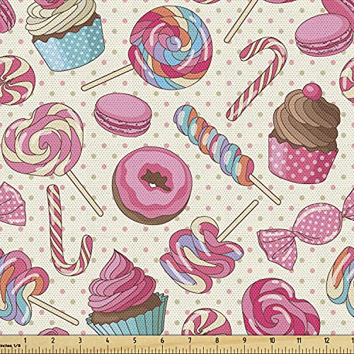 Ambesonne Candy Cane Fabric by The Yard, Yummy Lollipop Candy Macaroon Cupcake and Donut on Polka Dots Pattern, Decorative Fabric for Upholstery and Home Accents, 1 Yard, Pink Cream