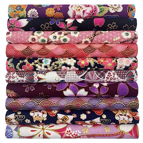 aufodara 10er Baumwollstoff Meterware Patchwork 20x25 cm Japanische Stil gedruckt Blumen Gold Muster Bronzing Stoffpaket Baumwolle Stoffe zum Nähen Quilten DIY Artcraft Handarbeit (Rosa, Lila)