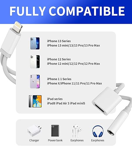 Miniatura 6 de Adaptador AUX para iPhone para conector de auriculares, Dongle 2 en 1 Lightning a 0.138 in Splitter Cable de carga Apple MFI certificado para