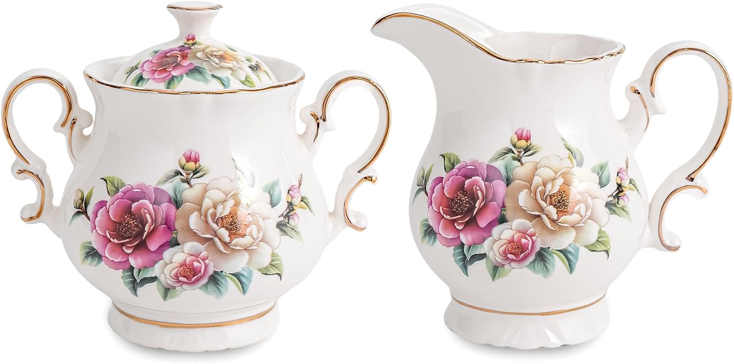 Ceramic Sugar and Creamer Set, 2 Piece Set with Cream Pitcher, Sugar Bowl (Camellia)