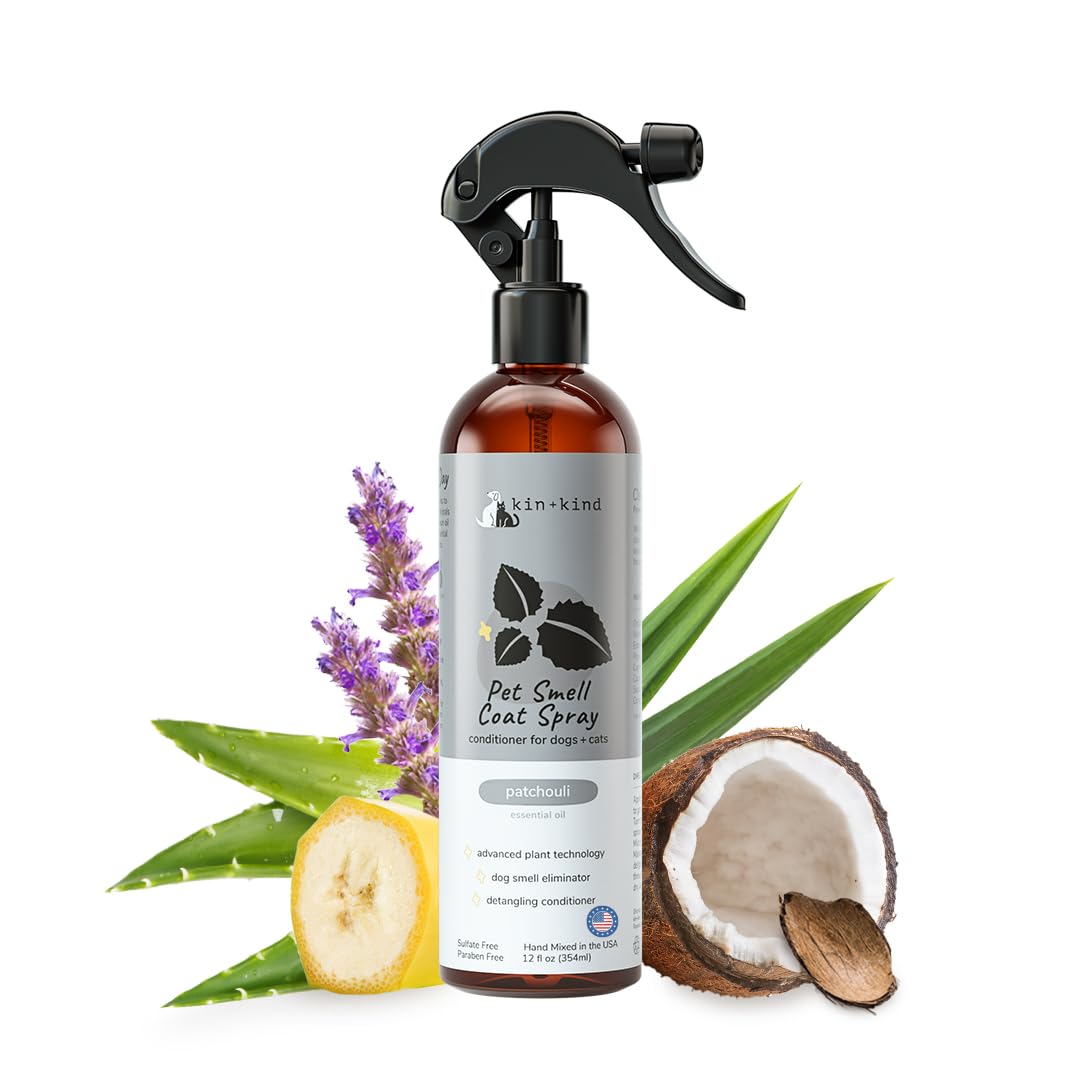 Dog Coat Spray (12 fl oz) - Deodorizing Patchouli Formula with Long Lasting Dog Cologne Scent with Aloe Vera - Safe, Natural Odor Eliminator for Dogs - Made in USA (Patchouli)