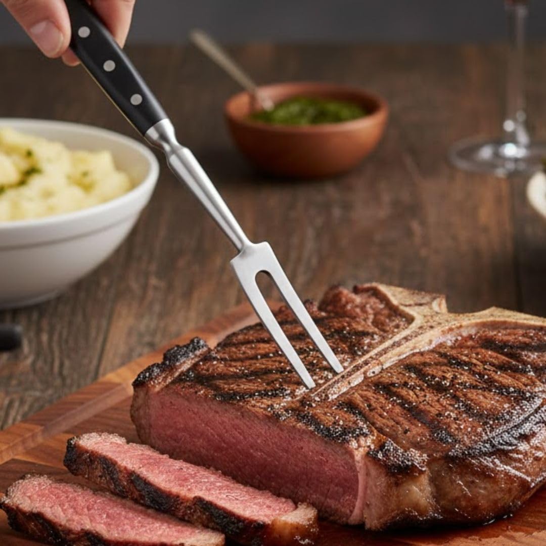 Soro Essentials- 18" German High Carbon Stainless Steel Curved Carving Fork with Black POM Handle - Fully forged Full-tang Extra Heavyweight Carving Forks Barbecue Fork Meat Forks Cooking