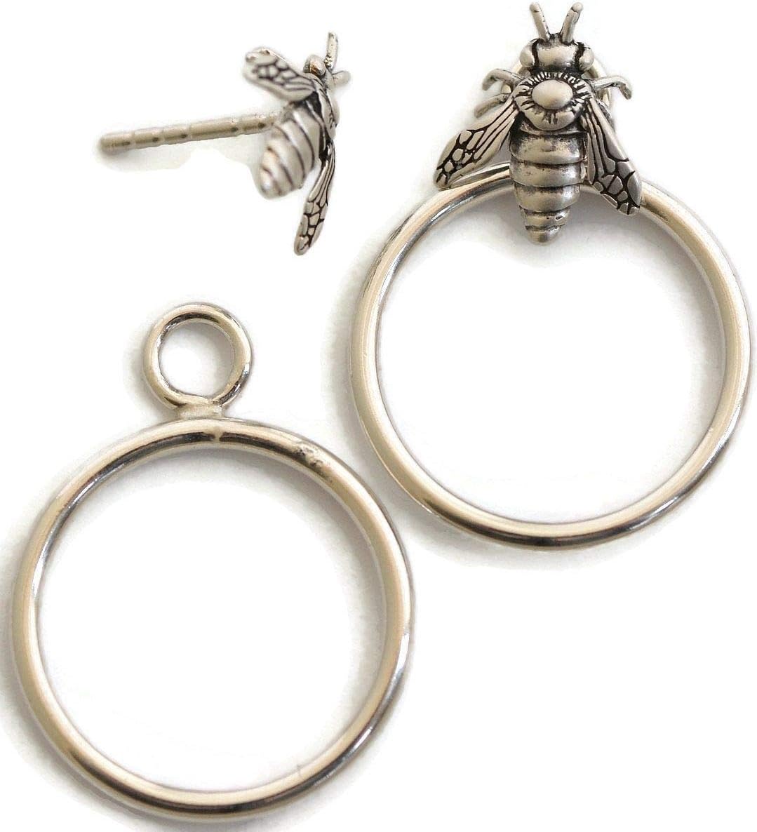 Sterling silver hoop ear jackets, two sided earrings, choice of sun, flower, bee stud Nature inspired jewelry for men women