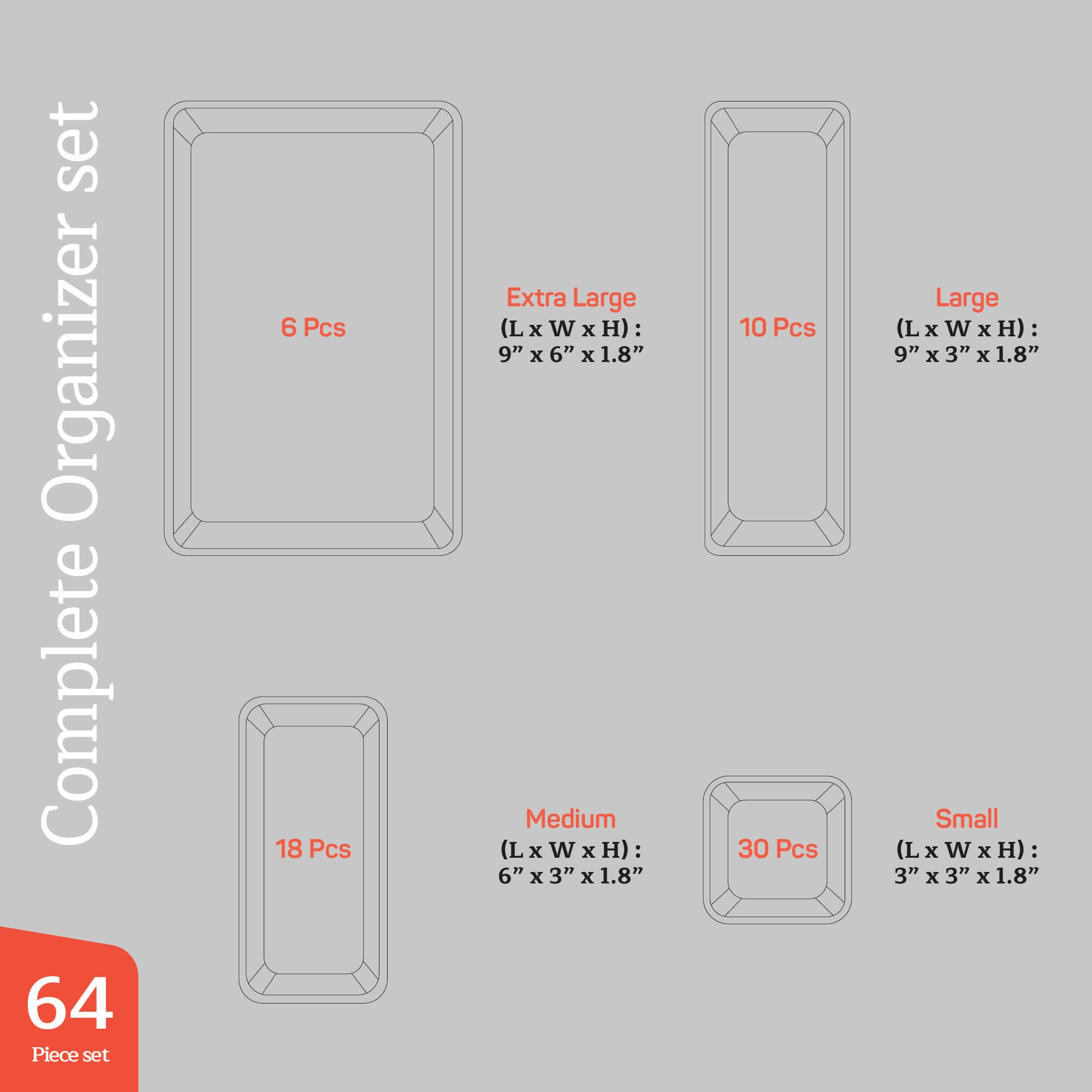 Emporio Kitchen Set organizer per cassetti: include 6 contenitori da 9 x 6, 10 contenitori da 9 x 3, 18 contenitori da 6 x 3, 30 contenitori da 3 x 3, vassoi impilabili per trucco, cucina e ufficio,