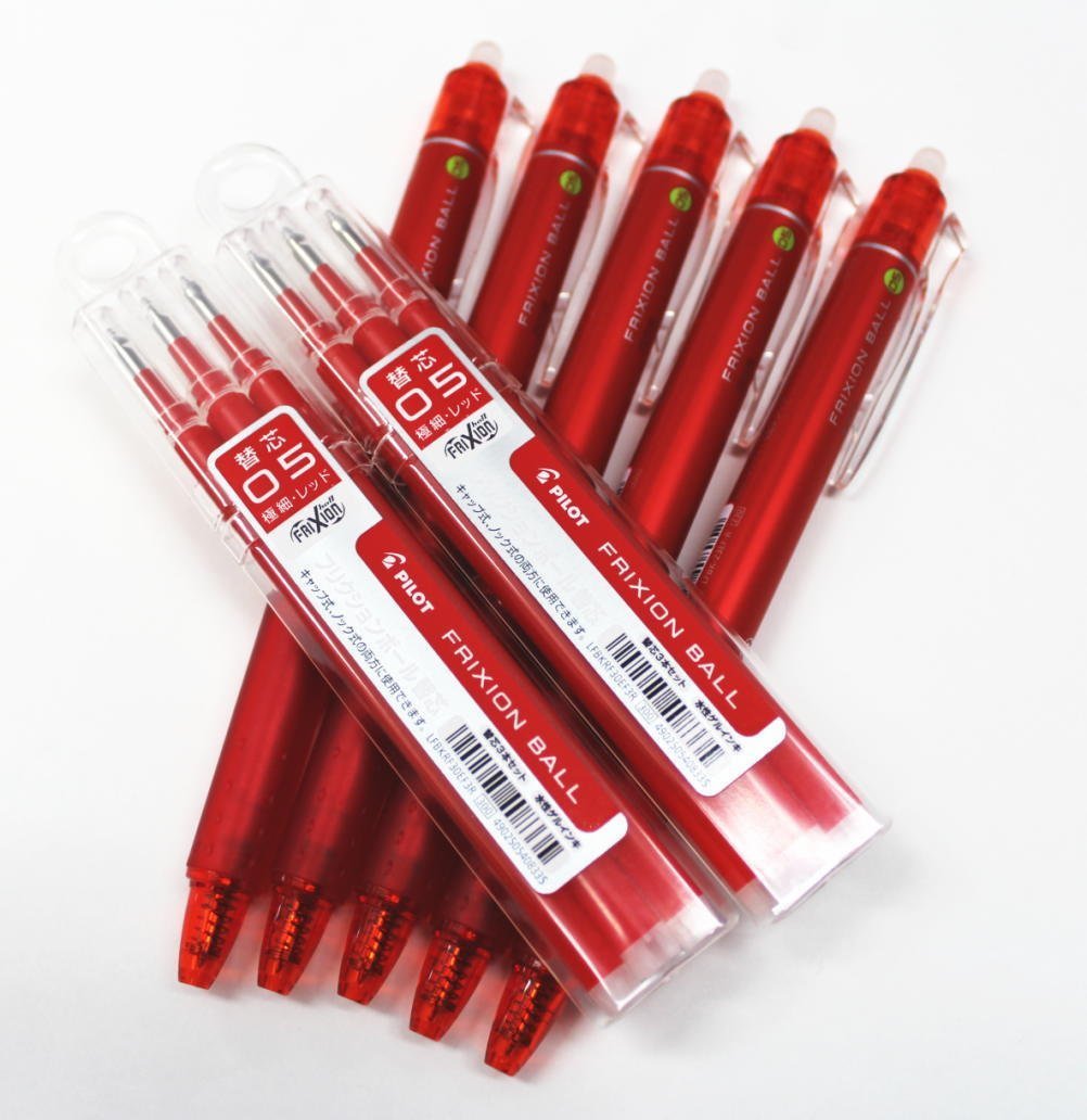 PilotFrixion Ball Knock Retractable Erasable Gel Ink Pens,fine Point, 0.5 mm - Red Ink- Value Set of 5 & 6 Gel Ink Pen Refill Pack