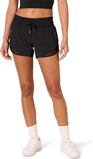 Amazon Essentials Women's Regular-Fit Athletic Ruched Waistband Woven Running Shorts with Zip Pocket