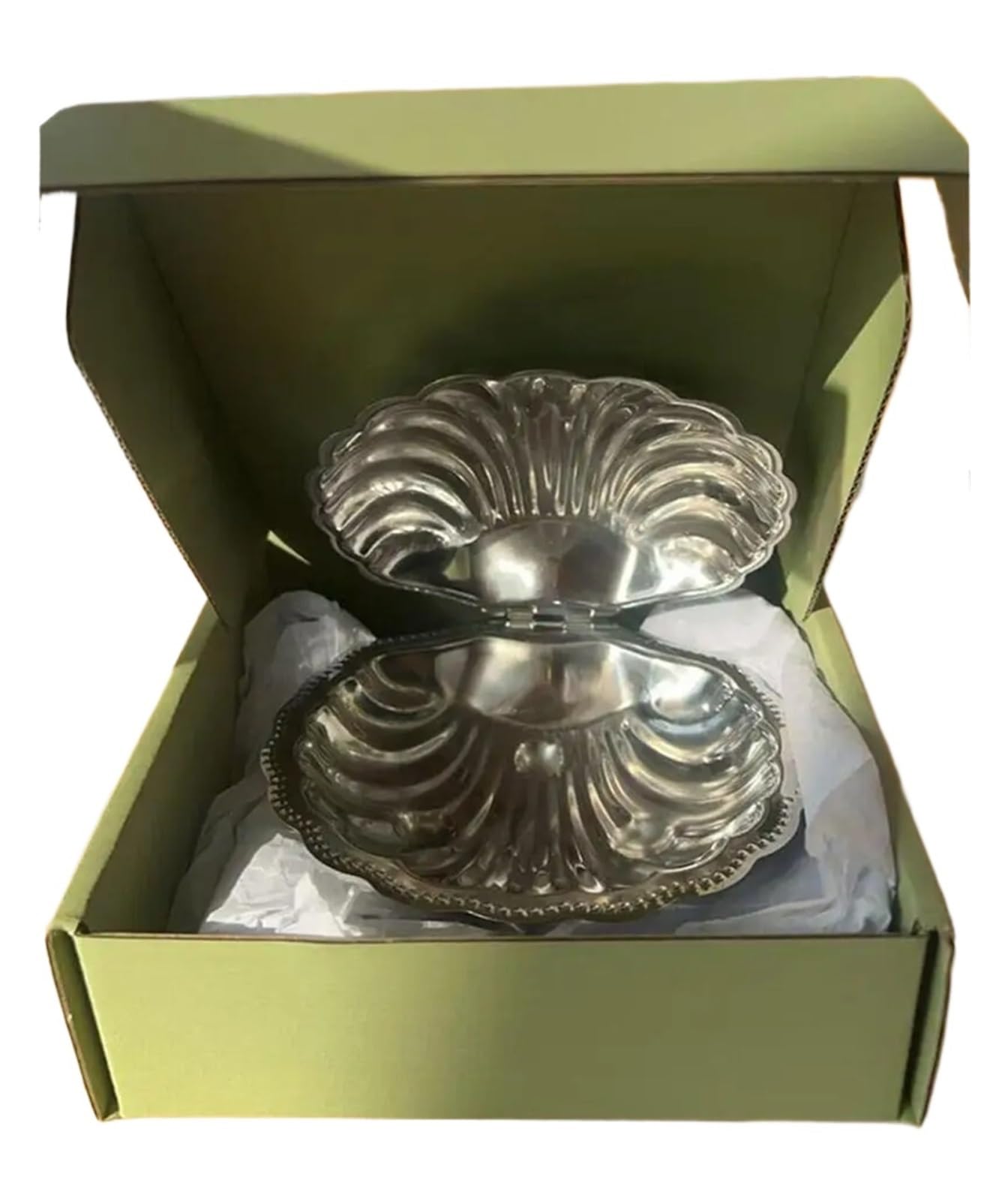 ZHSOAO Shell Shape Stainless Steel Dish Plate Metal Cheese Tableware Storage Jewelry Table Decoration for Jewelry(With green box)