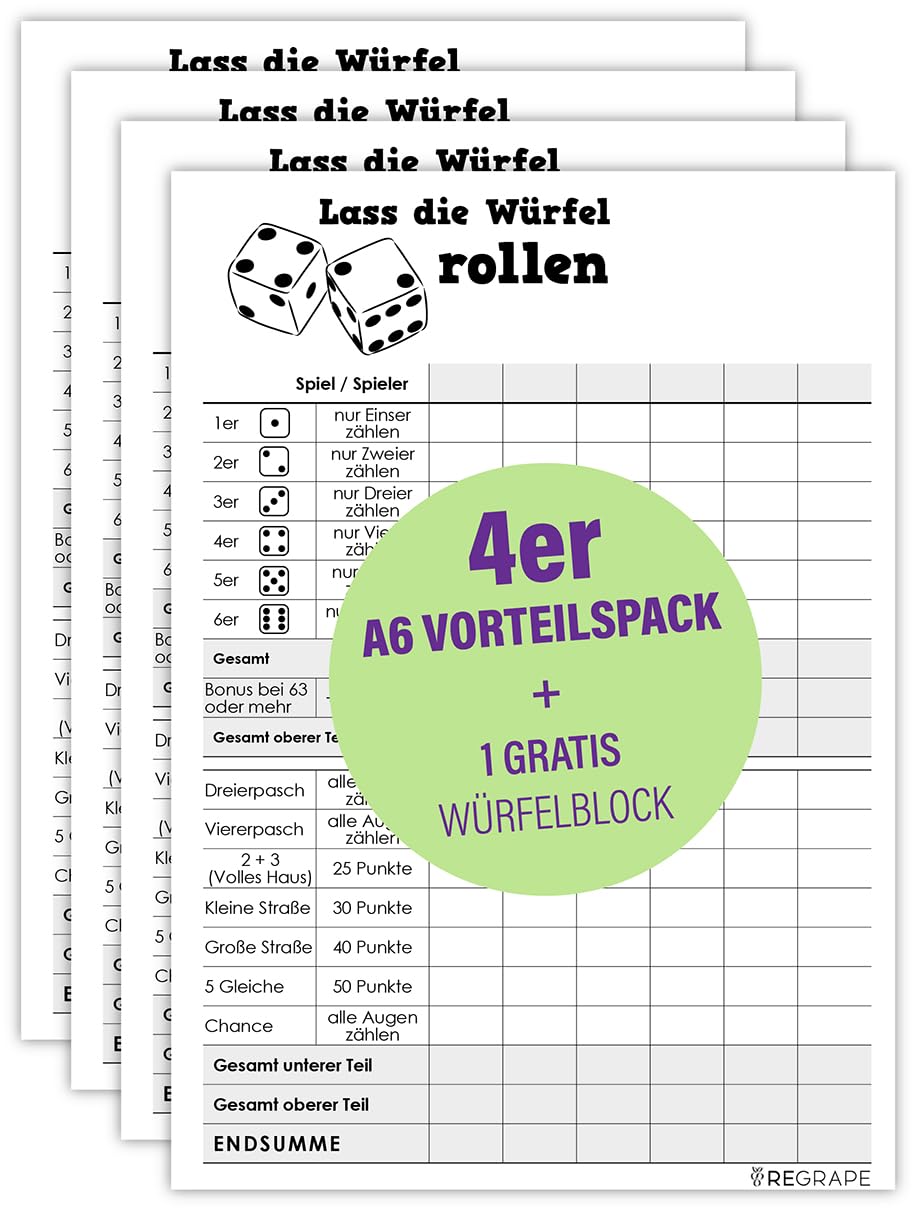 ReGrape Vorteilspaket 4 x Ersatz Würfelblock + 1 x Gratis Würfelblock, A6, Qualitätspapier, Durchschlagsicher, Made in Germany, umweltfreundlicher Druck