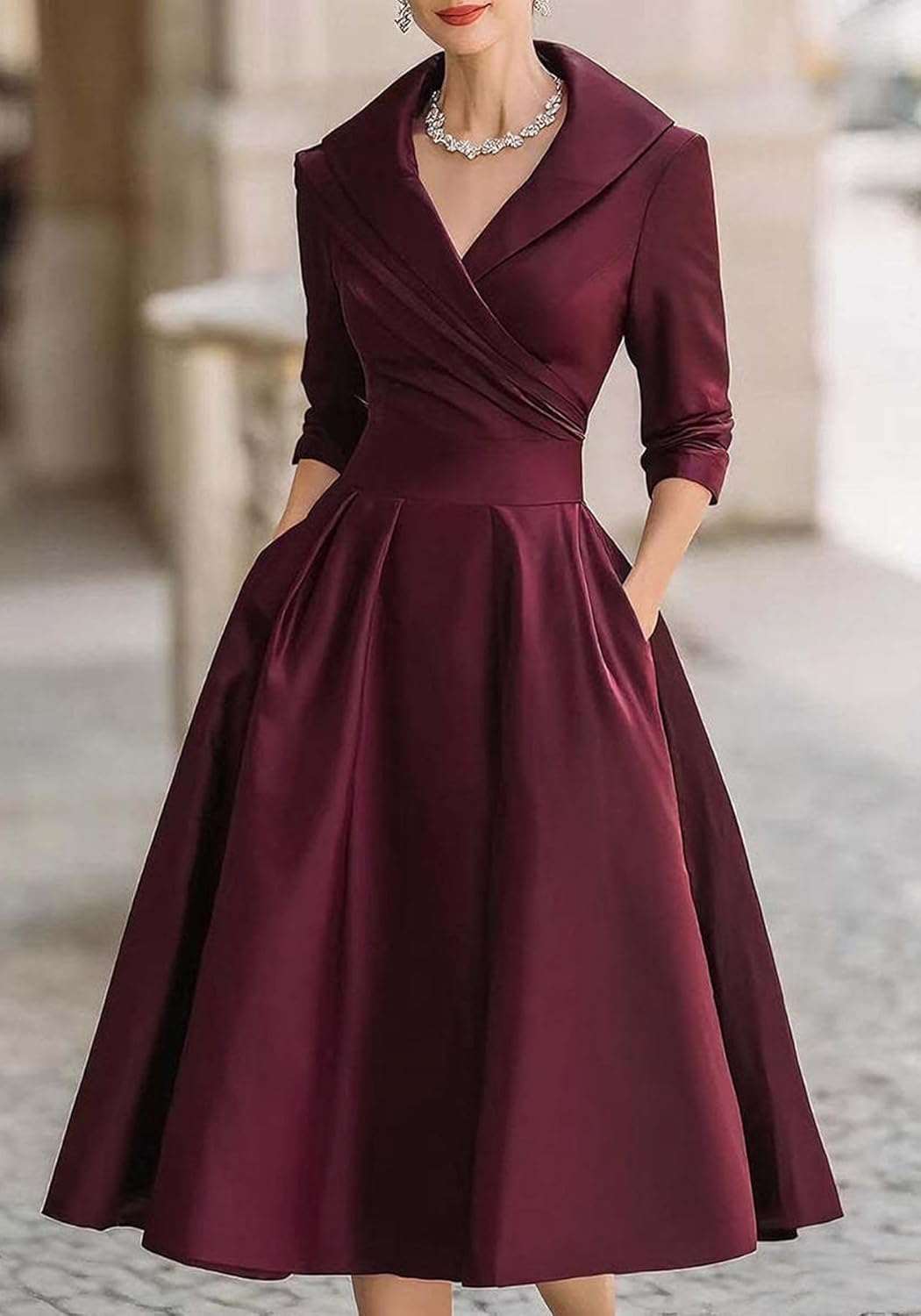 SHINFY Women Casual Wrap Dress Lapel V-Neck Satin A Line 3/4 Sleeve Elegant Formal Midi Dresses with Pockets