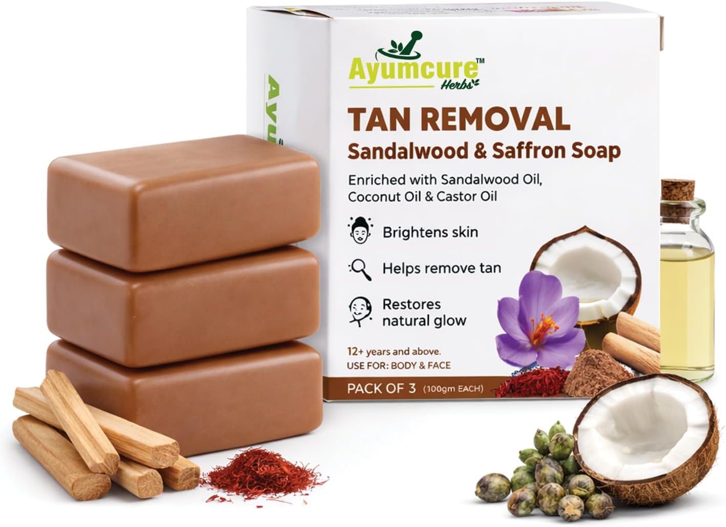 Tan Removal Soap with Sandalwood & Saffron | Brightening & Glow Care | Removes Tan & Dullness | Nourishes Skin | For Face & Body | Pack of 3 (100g Each) | Men & Women