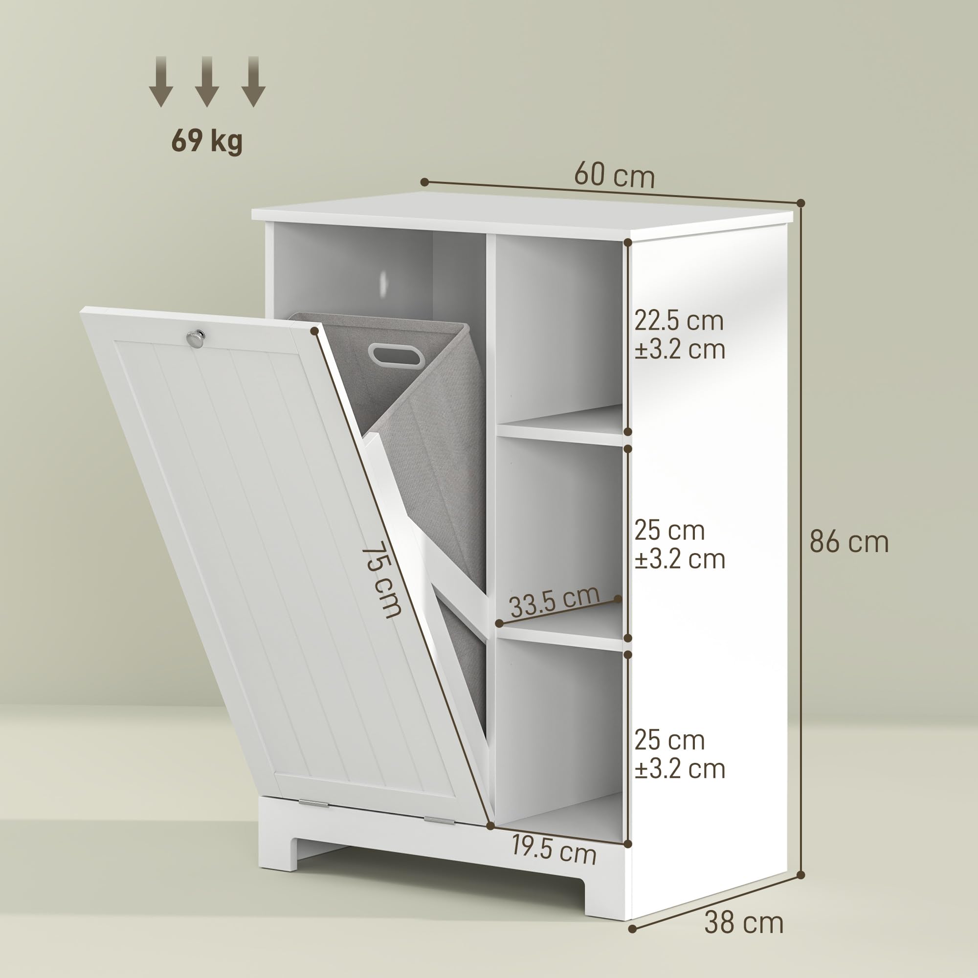 HOMCOM Badezimmer-Wäscheschrank mit herausnehmbarem Korb, platzsparender Badezimmerschrank, Wäscheschrank mit klappbarem Wäschesack und 3 Einlegeböden, 60x38x86 cm, Weiß