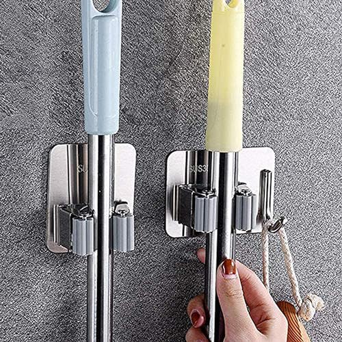 Image of JIALTO SUS 304 Stainless Steel Broom & Mop Holder Wall Mounted Organizer, Heavy Duty No Drill Storage Rack with Hooks for Bathroom, Kitchen, Office, Closet & Garden (Pack of 2)