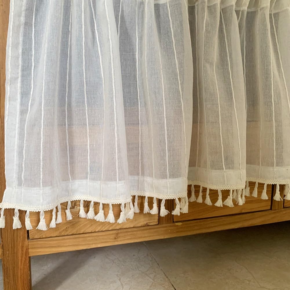 Cortina de Cocina de Lino Boho, Cortinas de Cenefa Semitransparente de Granja, Panel Corto Rústico para Ventanas Pequeñas, Bolsillo para Varilla(Size:H90xW100cm/35x39in)