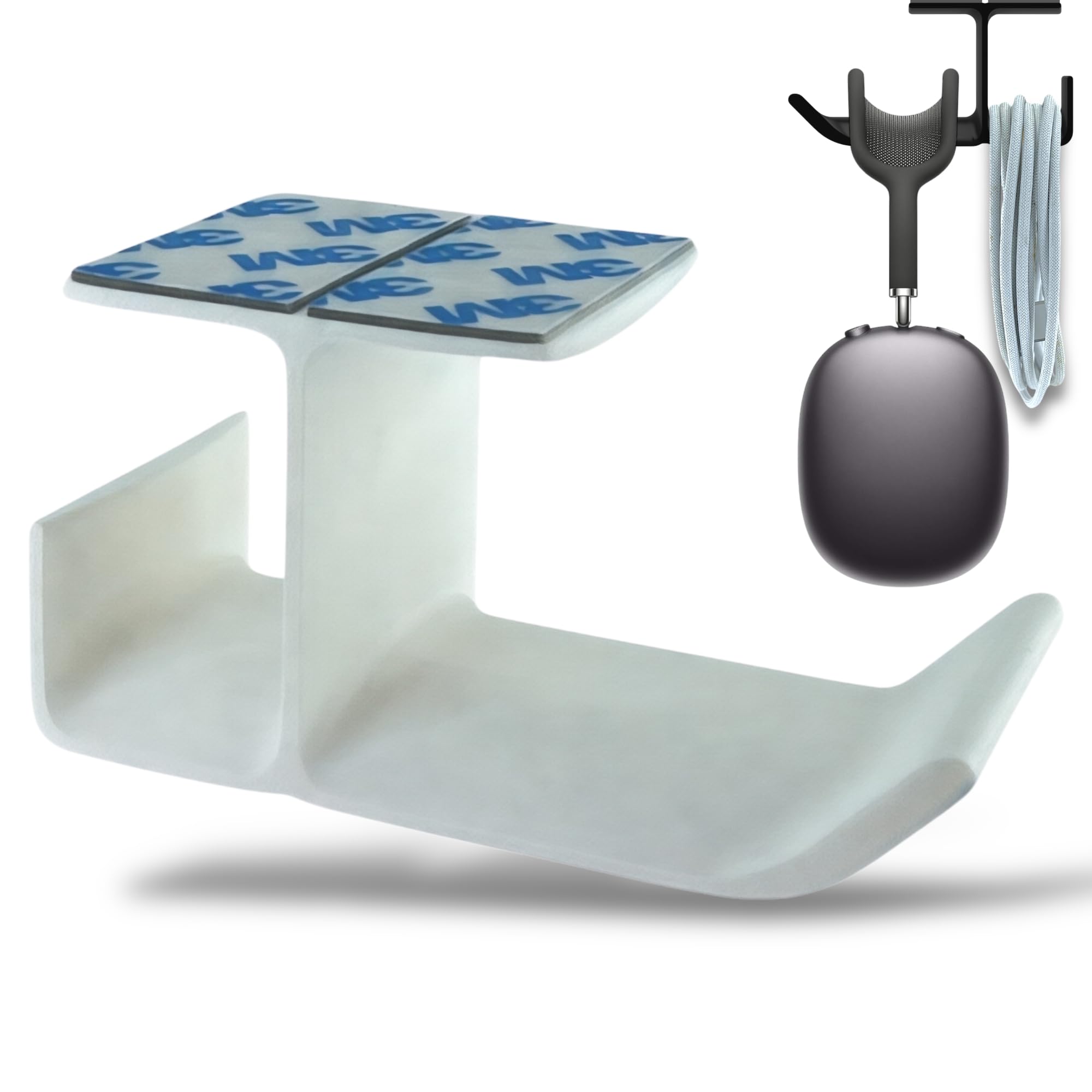 SRS® Under Desk Headphone Stand with Cable Organizer Storage Options | Headphone & Cable Hook Holder Hanger | Stick-ON Adhesive with Surface Cleaning Wipes (White, Pack of 1)