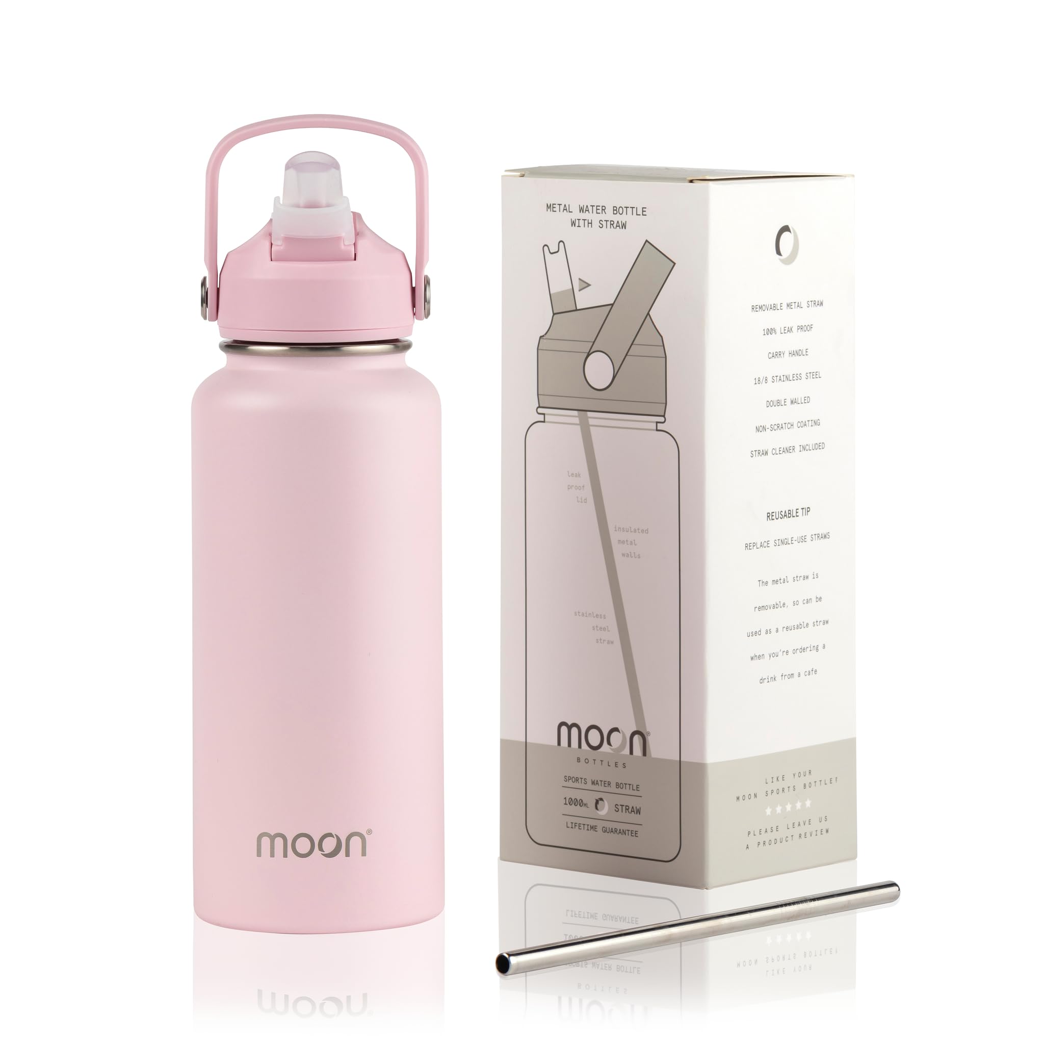 Moon Bottles, Insulated Water Bottle with Straw, Stainless Steel Sports Drink Bottle, Thermal Flask, 24hr Cold, 12hr Hot