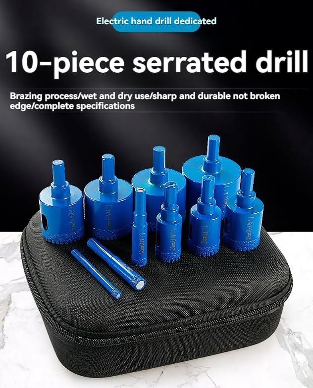 10 piezas de brocas de diamante con dentadura azul y agujero redondo, juego de brocas para perforar y cortar baldosas de cerámica, cuarzo y mármol.